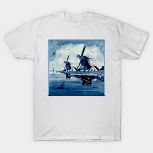 Dutch Blue Delft Windmills Vintage Print T-Shirt